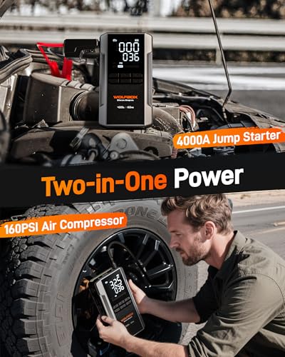 WOLFBOX 4000A Jump Starter with 160PSI Air Compressor, 12V Car Battery Booster, 88.8Wh Portable Jump Box (10.0 Gas/10.0L Diesel) with 65W Fast Charging, Tire Inflator, Jumper Cables, and LED Light