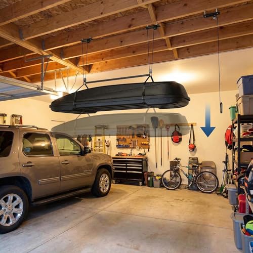 EliteEdge Cargo Box Garage Pulley System, Heavy Duty Ceiling Hoist for Rooftop Cargo Boxes & Large Storage Bins, 200 Lb Capacity, Fits 10–14 ft Garage Ceilings, Adjustable Straps & Dual Anchor Design