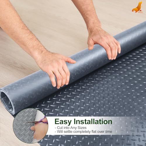SEAL 4 x 8 FT Premium Garage Floor Mat, Solid 2.8mm Thick Lay-Flat Gray Commercial Grade Heavy Duty Parking Mat for Golf Cart, Workbench, ATV, Water/Stain Resistant Runner (Embossed Diamond Plate)
