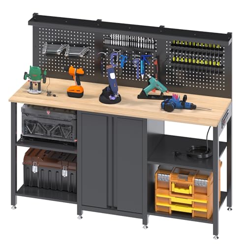 JFHID 60’’ Workbench and Garage Cabinet Storage System 2000LBS Heavy Duty Work Bench Table with Top Storage Panel Wrench Holder Hammer Rack Hooks Screwdriver Rack Charge Station Tool Organizer