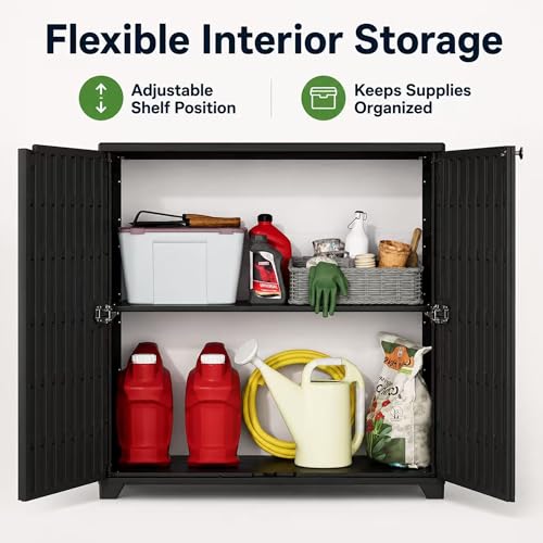 ADDOK Outdoor Storage Cabinet, 60 Gallon Waterproof Resin Patio Storage Cabinet with 1 Adjustable Metal Shelf and Double Doors, Weather-Resistant Organizer for Garden Tools, Pool Supplies and Toys