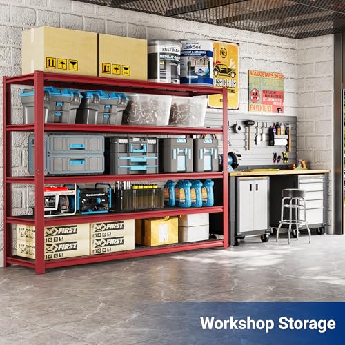 FLEXIMOUNTS 60" W Garage Shelving, 5 Tier Storage Shelves Load 1500LBS, Adjustable Garage Shelving Heavy Duty, Metal Shelves Unit for Basement, Warehouse, 60" W x 72" H x 24" D, Red