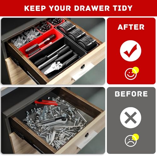 Vexercisehoop Toolbox Organizer Trays, Tool Chest Drawer Organizer with Non-Slip EVA Pads – 47pcs Red and Black Interlocking Trays for Workbench, Rolling Tool Cart, Garage