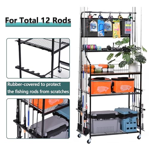 Bknius Metal Black Fishing Rod Rack for 12 Rods With Large Storage Capacity, Vertical Fishing Pole Holders for Garage Use for Fishing Gear Storage