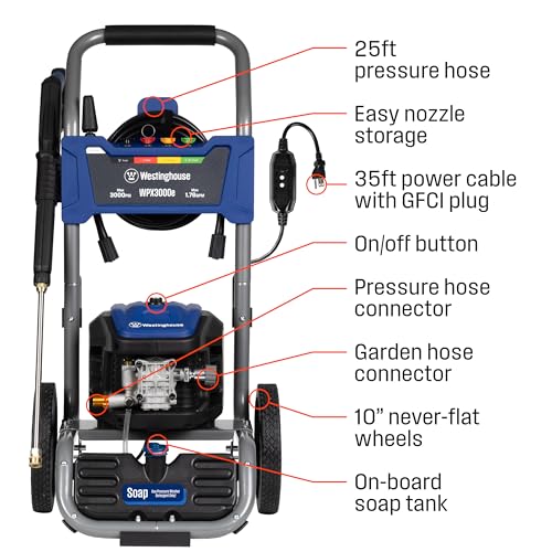 Westinghouse WPX3000e Electric Pressure Washer, 3000 Max PSI and 1.76 Max GPM, Induction Motor, Onboard Soap Tank, Spray Gun and Wand, 5 Nozzle Set, for Cars/Fences/Driveways/Homes/Patios/Furniture