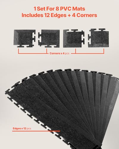 VEVOR Male Garage Floors Transition Edge Kit, 12 Edges and 4 Corners, Sturdy PVC Interlocking Modular Garage Floor Edging Slip-Resistant, Compatible Only with VEVOR 4-Sided Interlocking Mats, Black
