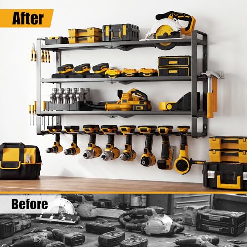 MOOMSINE Large Power Tool Organizer Wall Mount, 4-Tier Heavy Duty Metal Storage Rack Loads 400lbs, Battery Tools Hanger with 8 Cordless Drill Holder for Garage, Workshop, Pegboard, Shed