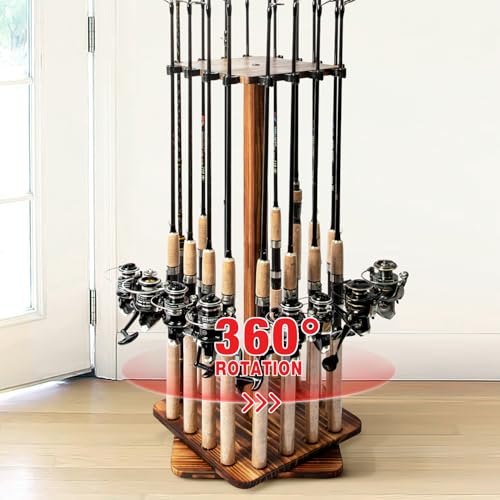Ghosthorn Fishing Rod Holders for Garage, Fishing Gear and Equipment Tackle Storage Cart Pole Rod Rack, Hold up to 16 Rods, 360 Degree Rotating, Wood