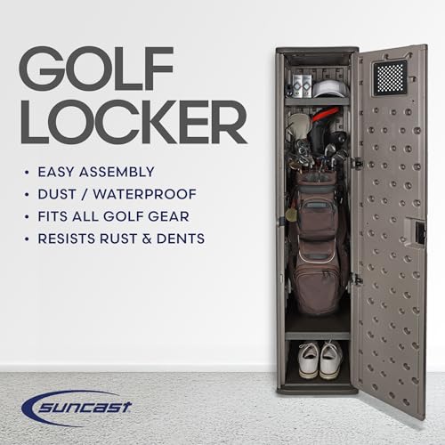 Suncast Garage and Golf Storage Organizer – Golf Rack and Bag Storage, Hall Tree with Shoe Cubby, Heavy-Duty Resin Locker Cabinet with Adjustable Shelves, Lockable, for Golf Equipment, Made in the USA