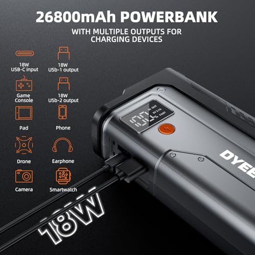 7000A Jump Starter, 12V Car Battery Booster Pack(All Gas/12.0L Diesel)，Car Starter Smart Jumper Cables with Quick Charger, Battery Jumper 26800mAh Portable Power Bank，800LM Flashlight
