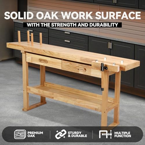 Auto Dynasty 60" Wood Workbench, Heavy Duty Woodworking Bench with Adjustable Handle, 500Lbs Load Capacity Woodworking Table Work Bench with Storage for Garage, Workshop, Home Storage (Natural)