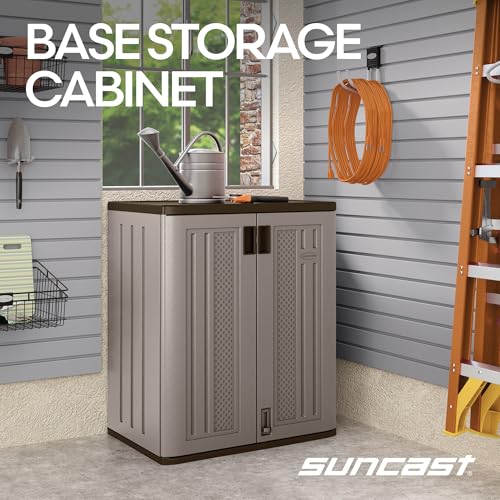 Suncast Base Storage Cabinet for Garage Organization - 9 Cu. Ft. Lockable 2-Shelf Organizer for Garden Supplies, Paint Cans & Outdoor Tools, Multi-Wall Resin Construction, Platinum