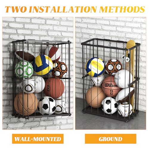 Garage Ball Storage Wall-Mounted & Floor Sports Equipment Organizer: Sports Ball Rack with Elastic Rope, Holder for Basketball, Soccer, Volleyball, Football, Garage, Gym, Black(Patent Pending)