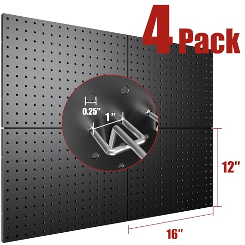 7S garage 4 Pack Metal Pegboard Panels with 50 Hooks, Black Pegboard Wall Organizer, Pegboard Accessories, Heavy Duty Garage Tool Storage System for Workbench, Workshop, Office, Craft Room