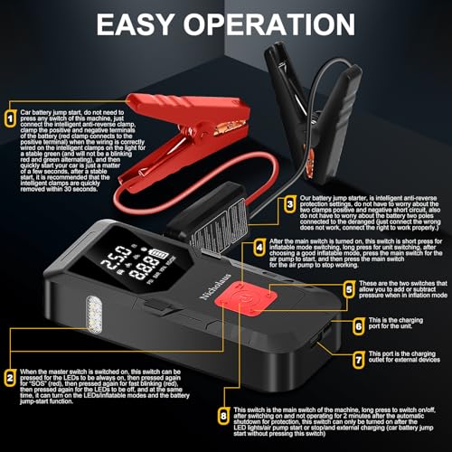 Nicholaus 12 V Car 8000 mAh Battery Jump Starter 2800A with 150psI Air Compressor, Compact and Practical Edition QB08L Safe Smart, Portable Jump Box and Charger for 6.0L Gas and 3.0L Diesel Engines.