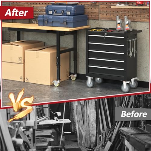 Kieperi 5 Drawers Rolling Tool Chest with Wheels, Portable Rolling Tool Boxes with Wheels, Tool Box Storage Cabinet with Locking System for Garage (Black, 5 Drawers)