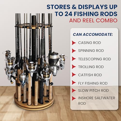 Rush Creek Creations 24 Rod Fishing Pole Holder - 360° Rotating Rack for Garage Organization and Storage, Reels, Gear, Accessories, Tackle Box