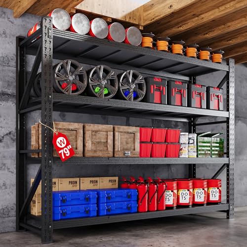 79”W Garage Shelving Heavy Duty, 6000LBS Metal Storage Shelves, 24” Deep Storage rack shelf, Steel Tall Industrial Shelving , 4 Tier Adjustable Standing Shelf for Warehouse / Shop 79"W x 24"D x 79"H