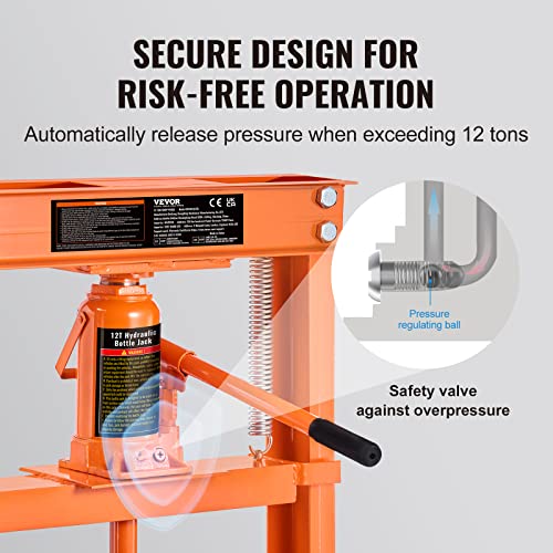 VEVOR Hydraulic Shop Press, 12 Ton/26000lbs, H-Frame, 4-Hold Adjustable Height, with Movable Plates, for Garage or Professional Users, Orange