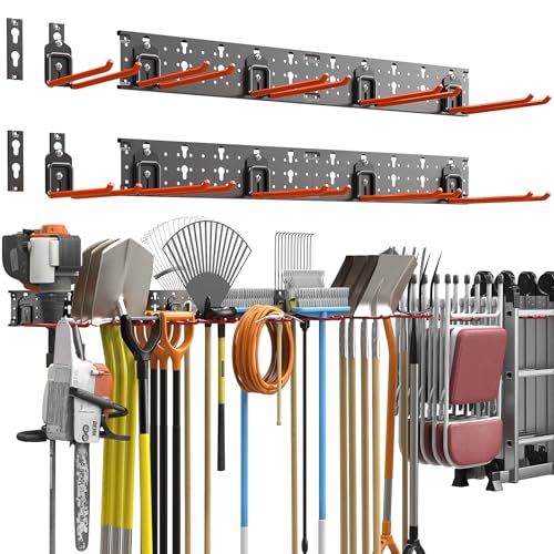 TORACK Garden Tool Organizer Wall Mount, Garage Folding Chair Storage Rack, Tools Rack for Shovels, Rakes, Broom, Ladders, Hooks for Keyhole Style Shelving Unit