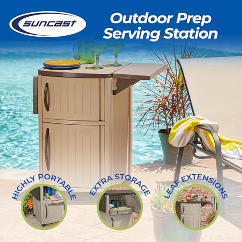 Suncast Outdoor Grilling Prep Station Table with Storage, Taupe/Brown