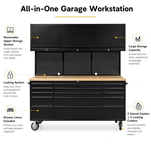 CHETTO C 72 inch Tool Chest Tool Box Mobile 15 Drawers Storage 3 Upper Cabinets SS-Pegboard Rolling Cabinet with Wheels Lock Key Locking System Drawer Liners for Garage Warehouse Repair Shop Black