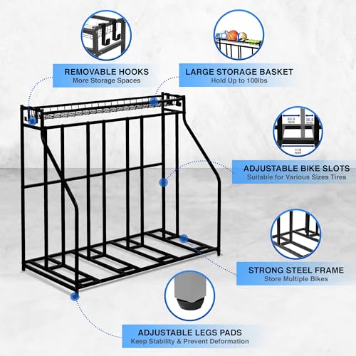 YES4ALL 4-Bike Stand, Bike Storage Rack, Bicycle Floor Rack for Garage Organizer, Indoor Sporting Gear Storage Station