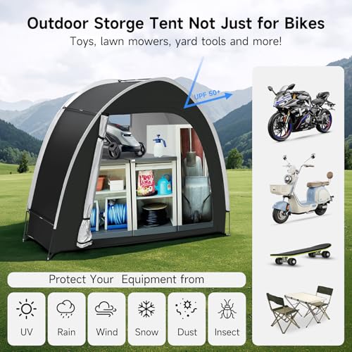 Bike Storage Tent for Outdoor, 2 Bike Capacity with Extra Top Space, PU5000 Waterproof 210D Oxford Fabric with Taped Seams, Portable Floor Storage Shed for Bicycle, Motorcycle & Garden Tools, etc