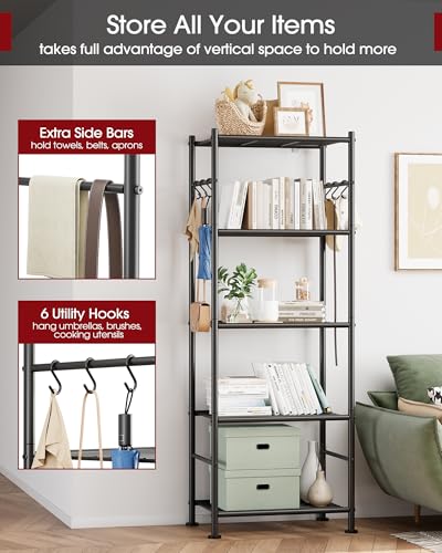 Sakugi Storage Shelves - 5-Tier Large Capacity Shelf Organizer with Hooks, Heavy-Duty Garage Shelving with Leveling Feet, Wobble-Free Rack for Bedroom, Balcony, Garage, 18.1"×12.4"×56.8", Black