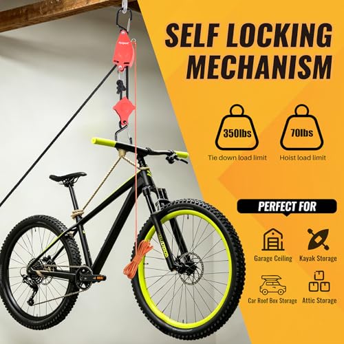 Ayaport Self Locking Block and Tackle Pulley System with 36' x 3/8" Rope, Hoist Limit 70LBS, Tie Down Limit 350LBS Rope Hoist Hanger for Bike, Kayak, Deer Hunting Garage Storage Gear,1 Pack