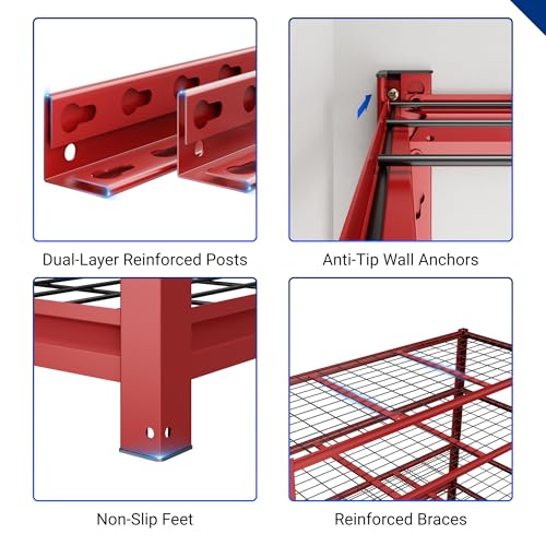 FLEXIMOUNTS 60" W Garage Shelving, 5 Tier Storage Shelves Load 1500LBS, Adjustable Garage Shelving Heavy Duty, Metal Shelves Unit for Basement, Warehouse, 60" W x 72" H x 24" D, Red