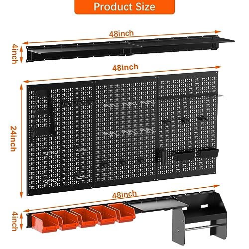 TORACK Metal Pegboard Wall Organizer 4ft Wide, Tool Storage Pegboard System for Garage with Accessories, Wall Mount Storage Bins, Shelves, Peg board Tool Organizer Kit for Workbench(Black)