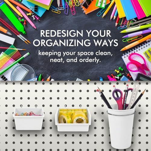 G.CORE 12 Pack Pegboard Bins & Cups with Hooks & Loops, Peg Board Hooks Assortment Organizer Accessory, Various Tools Storage Arrange Kit for Garage Craft Workshop Workbench Hobby Office (White)