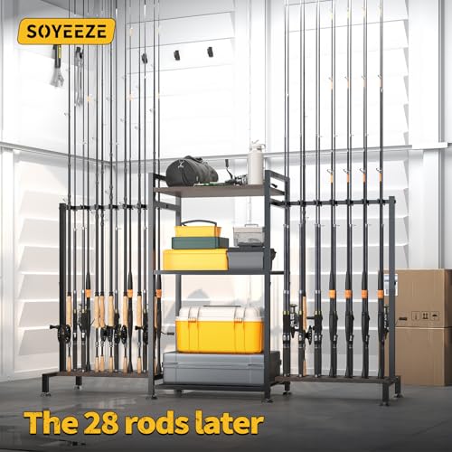 SOYEEZE Fishing Rod Holder for 28 Rods, Ground Stand Fishing Pole Holders for Garage, 3-Sided Vertical Fish Rod Rack for Tackle Box, Fishing Supplies,a Display Fish Gear Storage Gift for Man