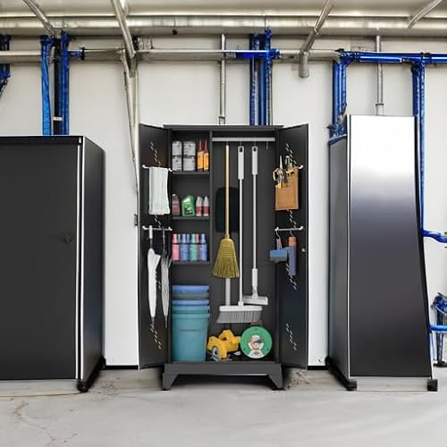 YILFANA 75" Metal Storage Cabinet with Lockable Doors, Functional Garage Storage Cabinets, Heavy-Duty Tool Organization Cabinet with Hanging Rod & S-Hooks (75" Utility Closet)