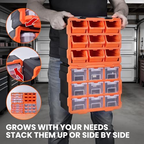 Tactix Modular Storage Tower Cabinet, Black & Orange, Polypropylene, 9 Removable Bins, Wall Mount, 12.5x6.6x14.9 Inches, Garage Workshop
