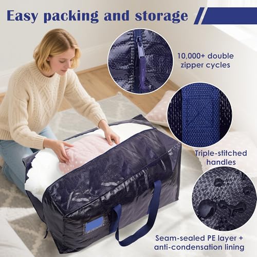 RMOHRO 6 Pack Moving Bags Heavy Duty 210GSM with Full-Open Side Zipper, 93L 220lbs Waterproof Foldable Storage Totes for College Dorm Move-In, Moving Boxes Alternative & Home Organization, Blue