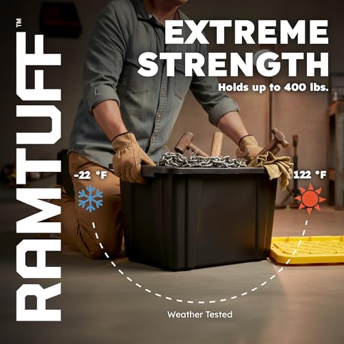 Ramtuff 6 Pack Heavy Duty Stackable Storage Container with Snap-Tight Lid, Resistant To Weather Organization Tote, 27 Gallon, Black and Yellow