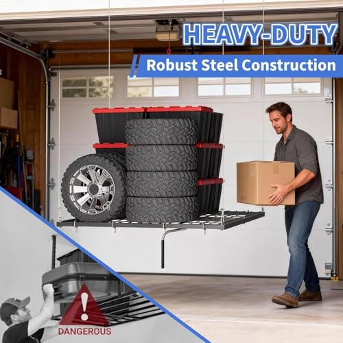 Overhead Ceiling Storage Rack 4x4 ft,Heavy-Duty Carbon Steel Garage Lifting Rack with Manual Hand Crank, Adjustable Height, 350 Lbs Capacity, Maximizes Overhead Space for Garages, Basements