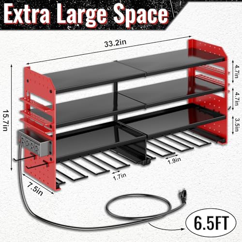 VeyFolzin.st Large Power Tool Organizer Wall Mount with Charging Station, 4 Layer Heavy Duty Metal Cordless Tool Organizer, Tool Storage Rack with 8 Cordless Drill Holder Screwdriver Hammer(Red)