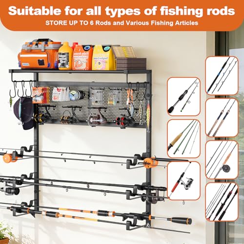 Olakee Wall Mount Fishing Rod Holders, Large Capacity Fishing Pole Holders for Garage Organizer, Horizontal Fishing Pole Rack Holds Up to 6 Rods with Pegboard & Hooks, Ideal Gift for Men Dad Anglers