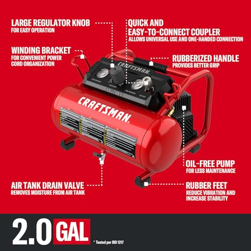 CRAFTSMAN Air Compressor, 2 Gallon Portable Air Compressor 1/3HP Max 125 PSI Oil-Free Light Weight with 10 PCS Accessory Kit