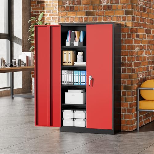 Greenvelly Metal Garage Storage Cabinet, 72" Black Red Tool Steel Locking Cabinet with Doors and 4 Shelves, Tall Cabinets for Garage Storage Systems Lockable File Cabinet for Home Office,Garage