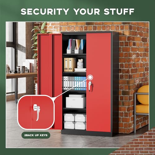 Greenvelly Metal Garage Storage Cabinet, 72" Black Red Tool Steel Locking Cabinet with Doors and 4 Shelves, Tall Cabinets for Garage Storage Systems Lockable File Cabinet for Home Office,Garage