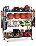 EXTCCT Garage Sports Equipment Organizer - Rolling Ball Storage Bin with Wheels, Garage Sports Gear Rack Outdoor Basketball Racks for Balls with Baseball Bat Holder and Hooks, Toy Organizer