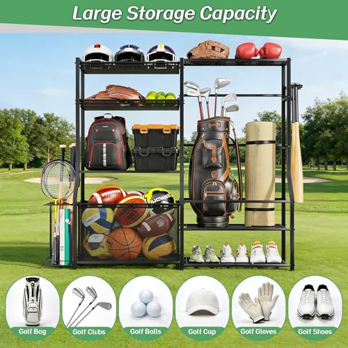 Insdiy Garage Sports Equipment Organizer, Golf Bag Storage Rack Heavy Duty Ball Organizer with Baskets, Bat Holder & Shoe Shelf, Multi-Purpose Toys Sports Gear Storage for Indoor Outdoor