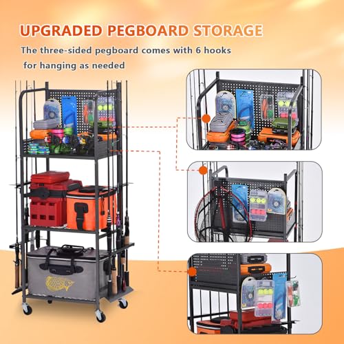 Lezbanz Heavy Duty Fishing Rod Rack with Pegboard & Hooks, Fishing Organizer for Garage Holds Up to 10 Rods, 3-Tier Fishing Gear Holder for Garage with Movable Wheels
