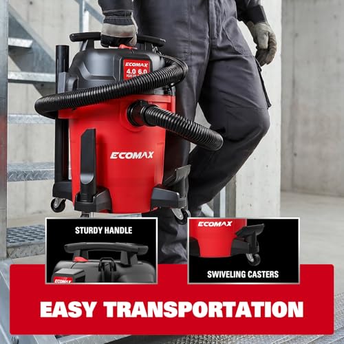 ECOMAX Ultra Quiet Wet Dry Shop Vacuum, 6 Gallon 4 HP Shop Vac, 80% Less Noise, 3X Longer Motor Lifespan, Powerful Portable Vacuum Cleaner for Garage, Jobsite, Workshop (6 Gallon)