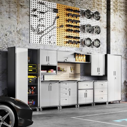 FLIXELIO Garage Storage Cabinets System 10 PCS Workshop Set with Drawers Locking Heavy Duty Rolling Cart with Adjustable Shelves Garage Tool Workbench Cabinets (10 PCS)
