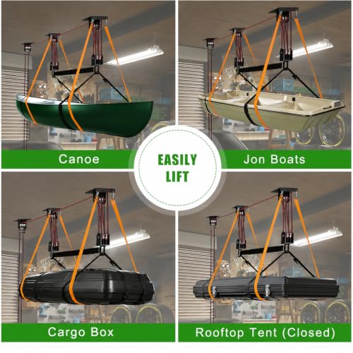TRUSOON 2026 Heavy Duty Elite Canoe Hoist for Garage Ceiling, Kayak Storage Lift Pulley System with Safety Straps for Rooftop Tent, Holds up to 250 lbs Capacity, Fits 10-18 Foot Ceilings, Black